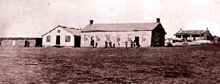 [Photo: Early view of Fort Dodge, on the Arkansas River,
five miles east of the 100th meridian and Dodge City. All rights reserved,
FCHS.]