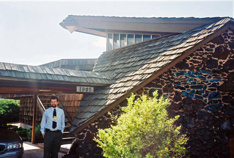 Jay Price outside front door area, Bruce Goff - Mitchell house.