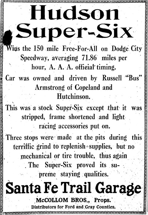 [Photo: Santa Fe Trail Garage Hudson advertisement, Dodge City,
Kansas, Oct. 7, 1916.]