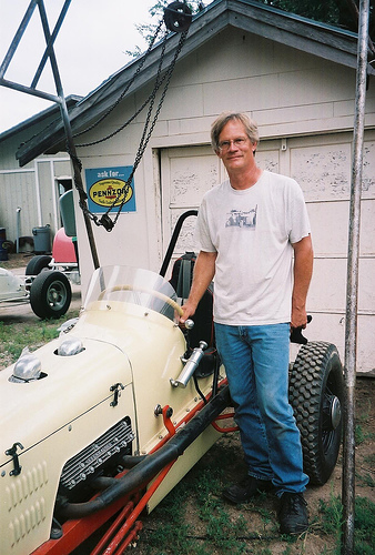 [photograph: Roger Burnett with No. 5 race car, built by him in 1986 on Model-T frame, Dodge City, KS. c. 2007 G. Laughead]